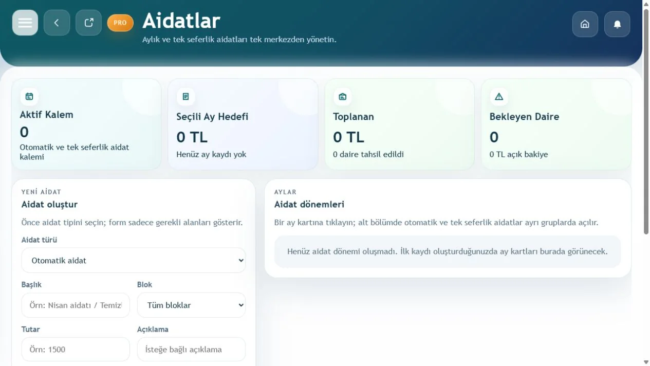 Site Yönetimi aidat yönetimi ekranı