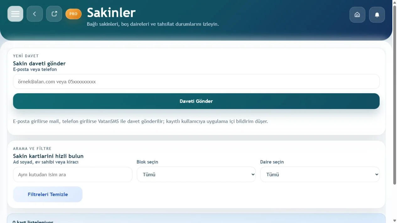 Site Yönetimi sakin yönetimi ekranı